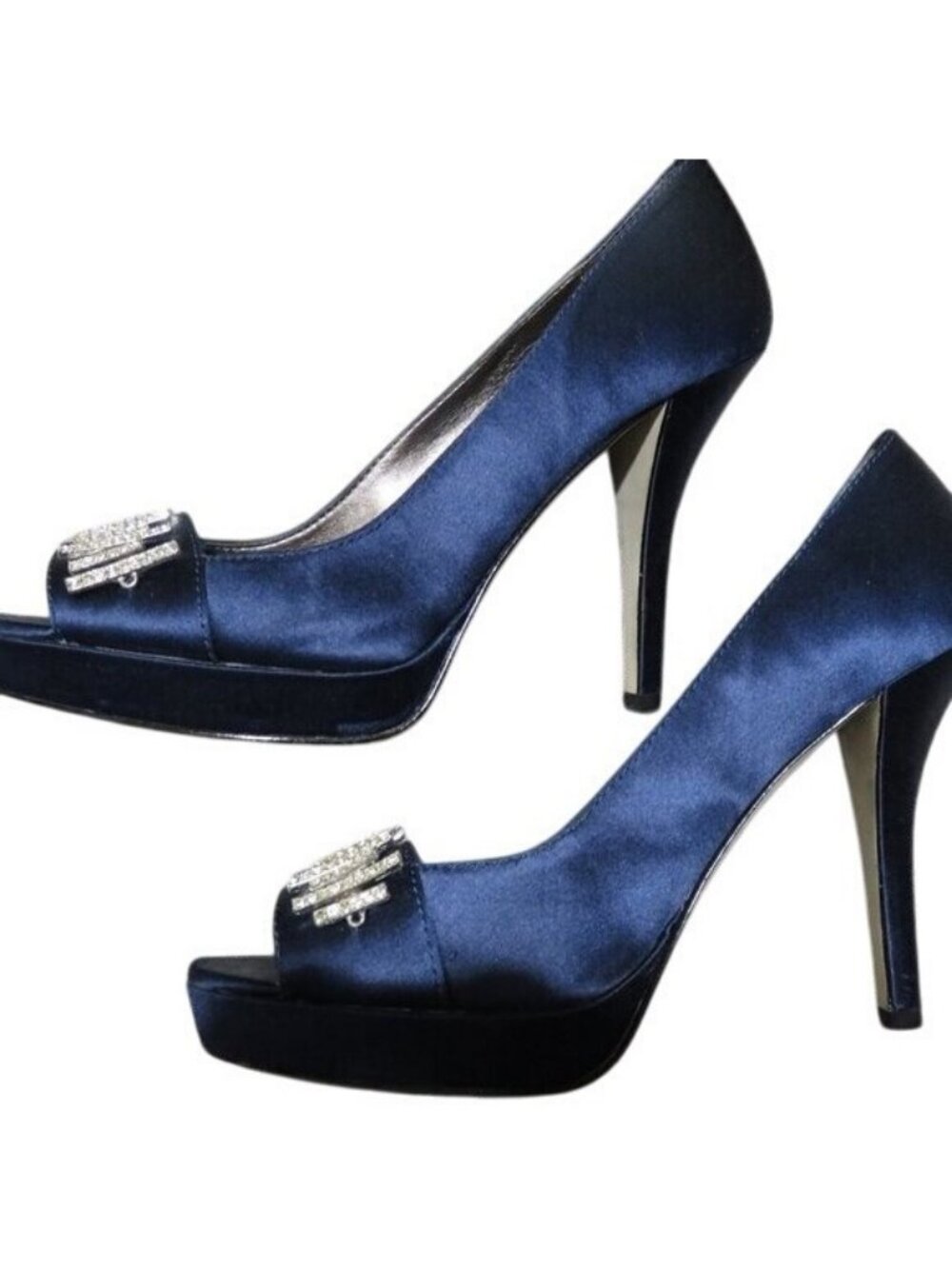 Calvin Klein Cara Silk Satin Jewel Embellished Peep Toe Pumps Blue Midnight 6.5